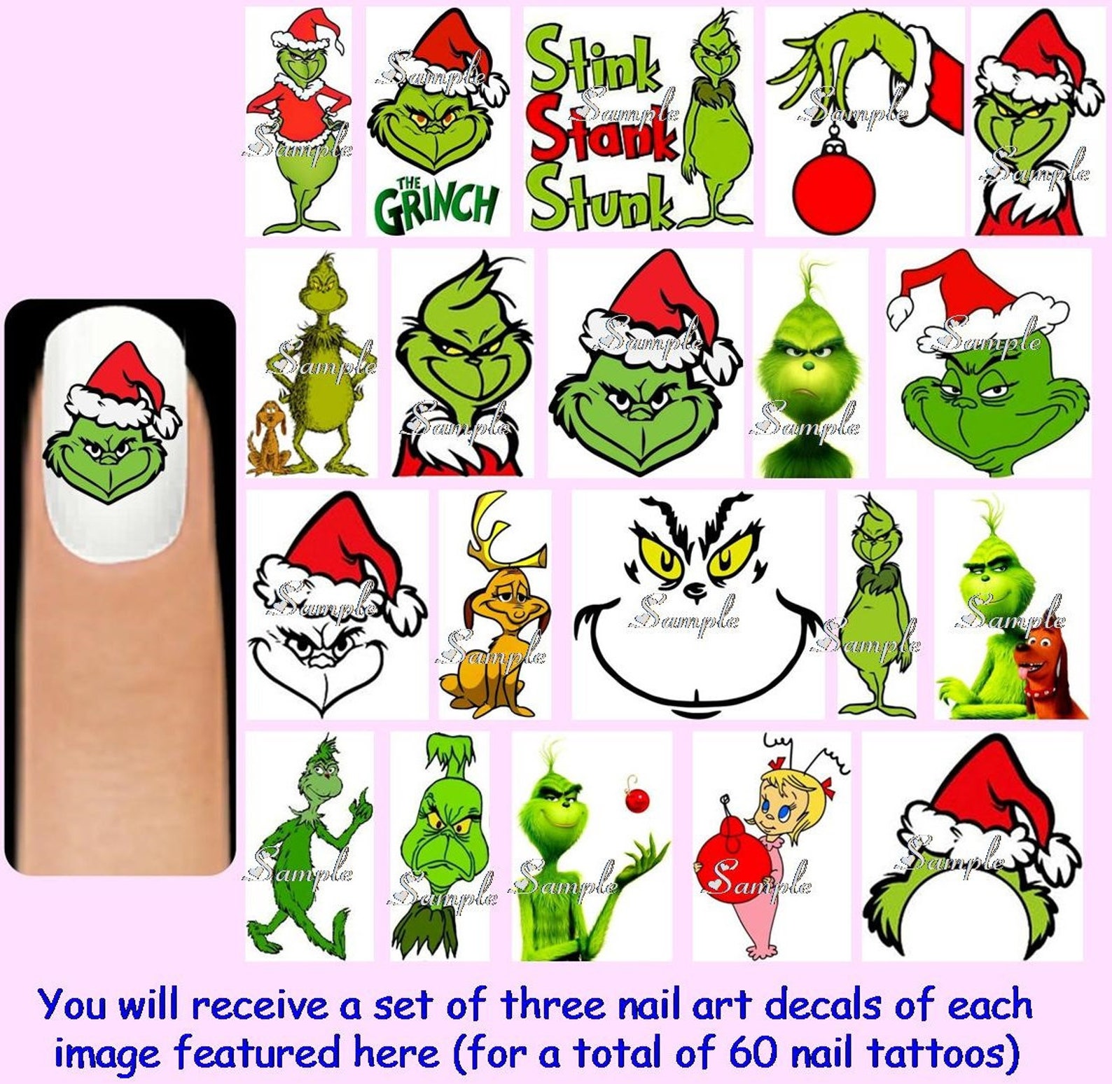 60x THE GRINCH Nail Art Decals Free Gems Christmas Xmas Etsy