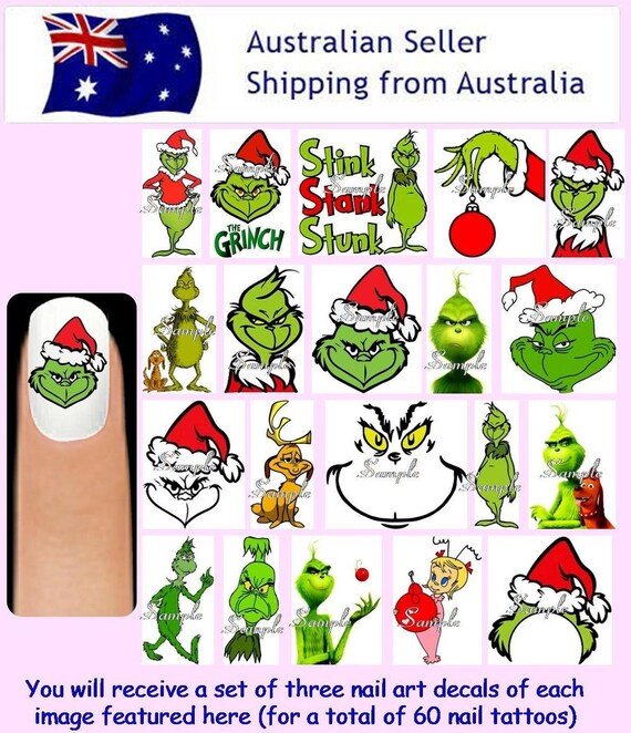 60x The Grinch Nail Art Decals Free Gems Christmas Xmas Etsy 60x The Grinch Nail Art Decals Free Gems Christmas Xmas Etsy