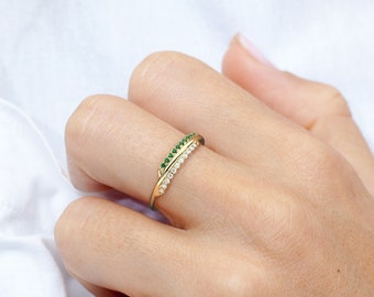 Contemporary Gold Ring, Emerald Diamond Stacking Ring