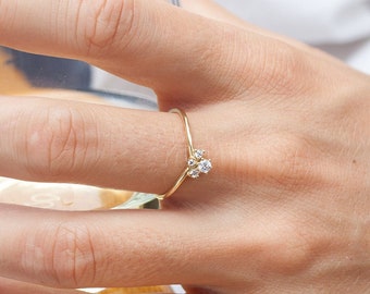 14K Gold Diamond Cluster Ring, Natural Diamond Chevron Ring, Diamond Curved Ring, Diamond Contour Wedding Band, Unique V Shape Ring