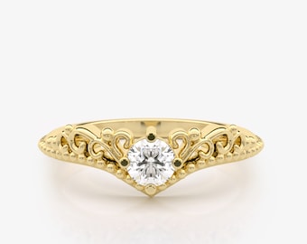 Vintage Style 14K Gold Chevron Ring, Diamond Chevron Ring, Genuine Diamond V Ring, 0.25 Carat Diamond Wedding Band, Granulated Ring