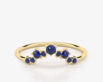 14K Gold Sapphire Chevron Ring, September Birthstone, Sapphire Wedding Ring, Curved Sapphire Ring, Slim Sapphire Stacking Ring
