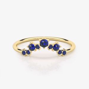14K Gold Sapphire Chevron Ring, September Birthstone, Sapphire Wedding Ring, Curved Sapphire Ring, Slim Sapphire Stacking Ring
