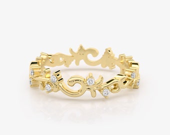 Delicate Diamond Stacking Ring, 14K Gold Wedding Band, Diamond Leaf Ring, Diamond Vine Ring, Diamond Wedding Ring, Dainty Diamond Ring