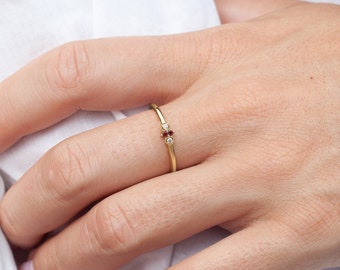 Thin Ruby Ring, Lab Grown Ruby Ring, Minimalist Ring, 14K Gold Ring, Diamond Ruby Wedding Band, Simple Ring, Casual Ring, Dainty Ring