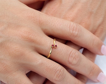 Natural Lab Ruby Ring, 14K Gold Thin Ruby Ring, Elegant Thin Ring, Ruby Promise Ring, Curved Stacking Ring, Ruby 2 Stone Ring, Anniversary