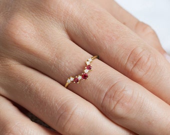 ルビーとダイヤモンドのシェブロン結婚指輪、14Kゴールドルビーリング、本物のダイヤモンドリング、天然ラボ育成ルビーリング、ルビーコンターマッチングバンド