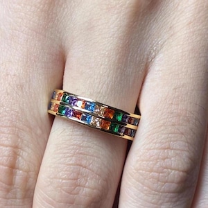 Princess Diamond Rainbow Ring Eternity Band, Multicolor Ring, Stackable Rainbow Ring, Rainbow CZ Ring, Rainbow Stackable Rings, Gift for Her