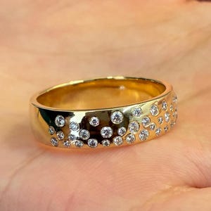 Round Cut Moissanite Wedding Band, Scattered Diamond Stunning Cigar Band, 14K Gold Satin Finish Band, Flush Set Diamond Half Eternity Band