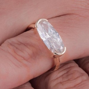1.50 CT East West Long Oval Cut Moissanite Engagement Ring, Half Bezel Set Engagement Ring, 14k Solid Gold Oval Solitaire Big Diamond Ring