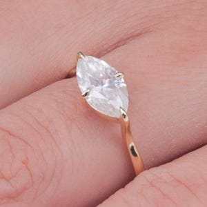 Dainty 1 carat Marquise Moissanite Engagement Ring, 14k Yellow Gold Solitaire Ring for Women, Classic 4 Prong Set Diamond East West Ring