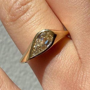 1.00 Ct Pear Moissanite Diamond Signet Ring in Solid Gold in 14k Yellow,Rose,and White Gold Options,Pinky Signet Ring Drop Diamond Gold Ring