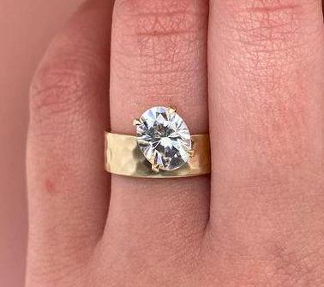 Solid Gold Solitaire Oval Cut Moissanite Engagement Ring, Wide Band ...