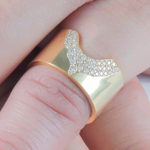 14k Gold Cigar Wedding Band, U Shaped Ring, Bezel Diamond Unique Band, Unique 8mm Wide Cut Out Design Womens Thick Wedding Band Chevron Ring