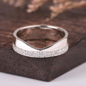 14k Gold Cigar Wedding Band, U Shaped Ring, Bezel Diamond Unique Band, Unique 6mm Wide Cut Out Design Womens Thick Wedding Band Chevron Ring