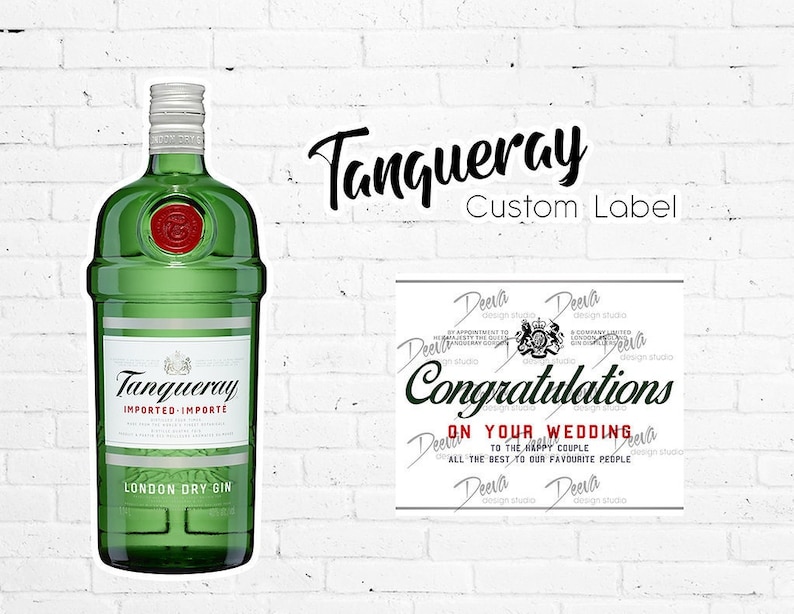 May include: A green glass bottle of Tanqueray London Dry Gin with a red label and a custom label that says "Congratulations on your wedding to the happy couple, all the best to our favorite people".