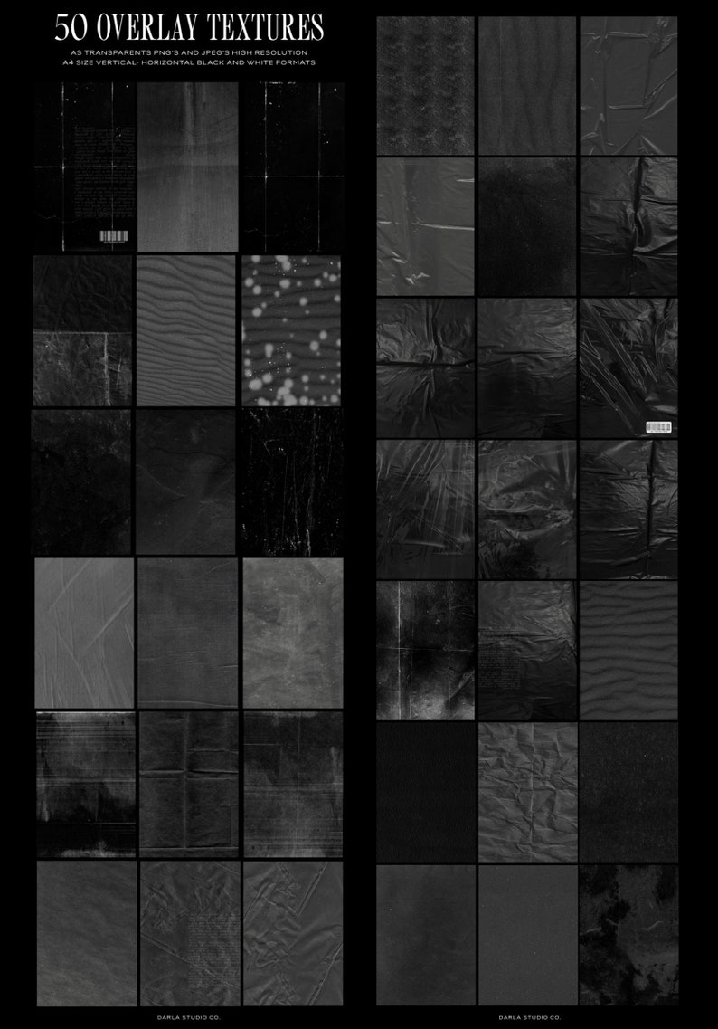 May include: Fifty black and white overlay textures in a grid format. The textures are high resolution and can be used for digital art, graphic design, and photography.