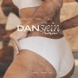 May include: A close-up of a person's body with a white undergarment. The image has a vintage, textured look and features the text "SKINCARE. FOR. ALL. DANSkin" in a white font.