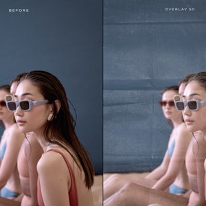 May include: Three women wearing sunglasses and swimwear are sitting on a blue background. The women are looking at the camera. The background has a textured overlay.