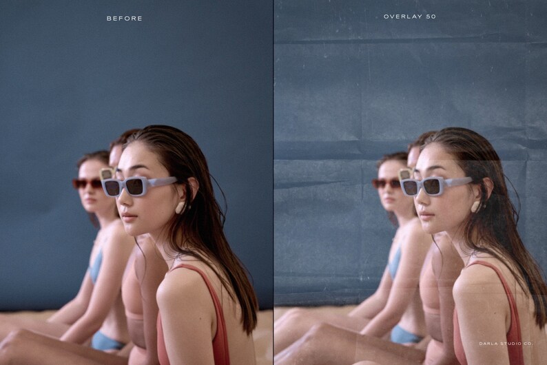 May include: Three women wearing sunglasses and swimwear are sitting on a blue background. The women are looking at the camera. The background has a textured overlay.
