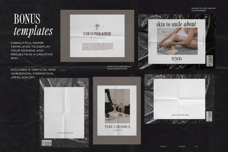 May include: Six paper templates for displaying designs and projects. The templates are folded and have a distressed, vintage look. The text "BONUS templates" is at the top of the image. The text "6 BEAUTIFUL PAPER TEMPLATES TO DISPLAY YOUR DESIGNS AND PROJECTS IN A CREATIVE WAY." is below the title. The text "INCLUDES A VERTICAL AND HORIZONTAL FORMATS IN JPEGs 300 DPI." is at the bottom of the image.