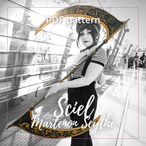 May include: A PDF pattern for a Sciel Martenon scythe, featuring a large, curved, gold-toned blade with intricate embossed scrollwork patterns. The weapon has a long, slender handle and is displayed as a digital design template for crafting.