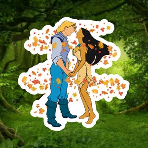 May include: A sticker featuring a cartoon illustration of a couple holding hands, surrounded by autumn leaves. The man has blond hair and wears a blue outfit. The woman has long black hair and a yellow dress. The background is a green forest.