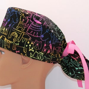 Neon Colorful Dogs  Ponytail Surgical Scrub Cap  257