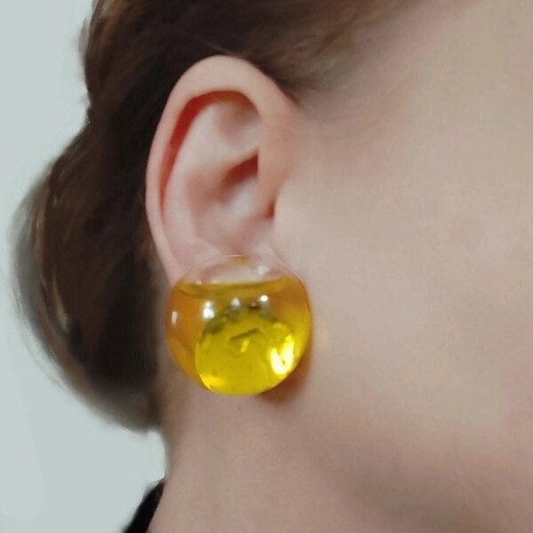 Glamourous and Unique Button Catwalk Earrings created for Couture Fashion Show, made of Glass Spheres Filled with Neon Yellow Liquid