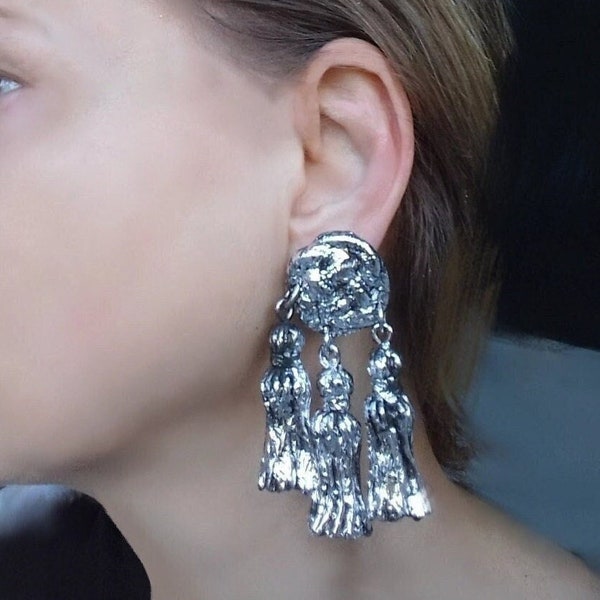 Chantal Thomass - Authentic Vintage Couture Tassels Earrings in Silver Resin