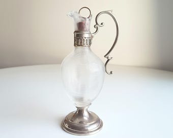 Antique Continental Pewter & Ribbed Optic Glass Small Claret Jug – 7" Liqueur Carafon, 1890s