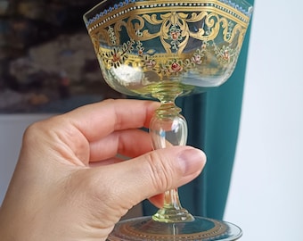 Antique Moser Octagonal Champagne Coupe Glass: Gold Enamels, Rose Garlands, Art Nouveau Goblet