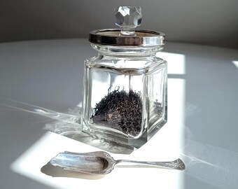Vintage Art Deco Sterling Silver Collar Cut Crystal Tea Caddy & Solid Silver Spoon, H Hobson
