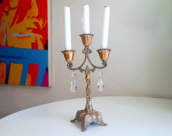 Vintage Art Nouveau 3 Arm Brass Candelabra, Romantic Crystal Prisms, France 1900s