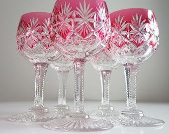 Art Deco English Cut Crystal Wine Glasses: 5 Strawberry Pink, Walsh Walsh, Birmingham 1930s