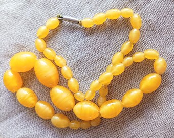 Genuine Art Deco Yellow Uranium Opaline Glass Necklace, Silver Barrel Clasp, Egg Yolk Swirl