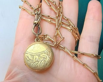 Antique Victorian Double Sided Gold Tone Locket Pendant & Fancy Long Guard Chain, Dog Clip