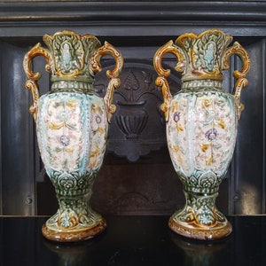 Antique Art Nouveau Majolica Vases: Staffordshire Floral Twin Handles