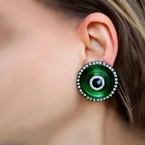 Authentic Vintage Signed Y2K Carlo Zini Milano Couture Lucite Statement Clip-on Earrings in his Iconic Emerald Green Colour Art Deco Style