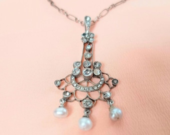 Antique Sterling Silver Paste & Pearl Garland Lavalier Necklace, Belle Époque, Paris School, 1900