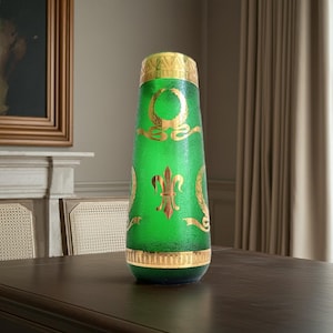 Art Nouveau Gold on Acid Etched Glass Vase by Legras - Enamelled Star, Fleur de Lis Foliage Emerald Nile Green Jugendstil Vienna Cessation