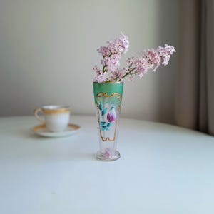Antique Art Nouveau Smaller size Soliflor Vase or Lemonade Tumbler attributed to Legras in Frosted Art Glass with Enamelled Violets