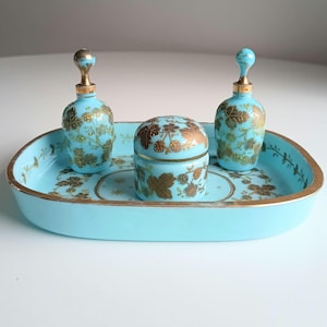 Opaline Glass Set: Perfume Bottles, Rouge Pot and Tray, Palais-Royal Baccarat circle France