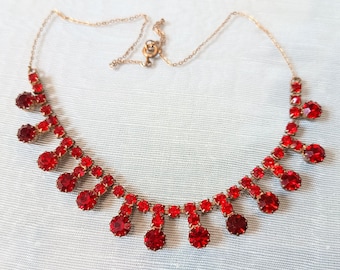 Vintage Ruby Glass Bronze Tone Rhinestone Fringe Necklace, Midcentury Riviere Choker 1950s