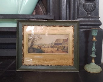 Small English Antique Watercolour, Signed with a Monogram, Edwardian or Late Victorian in Belle Epoque Dark Grey Green Frame
