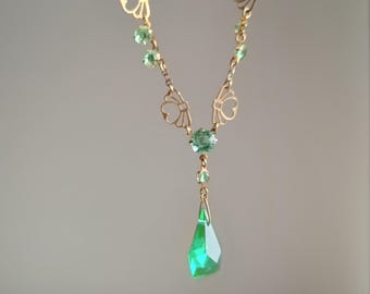 Antique Rolled Gold Emerald Green Glass Paste Pendant Necklace, Genuine Art Deco, c 1920s