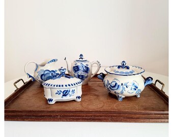 Vintage USSR Russia Tea Set: Hand-Painted Cobalt Blue Tea Pot, Creamer, Biscuits Jar, 1980s