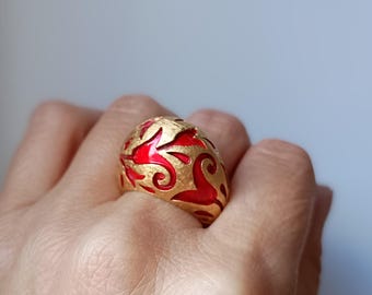 Crown Trifari Alfred Philippe Ring: L'Orient Collection Chinouserie Lotus Red Enamel 1967