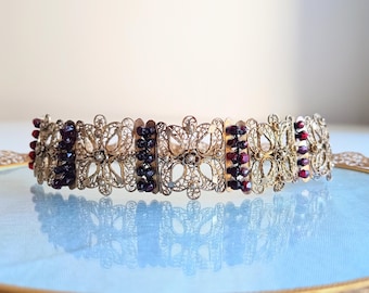 Antique Swiss Nidwalden Silver Pyrope Garnet Halbatti Bracelet Alpine folk Art Jewelry (Trachtenschmuck)