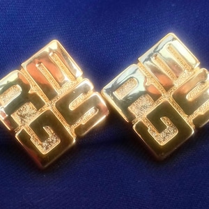 Vintage Madame Gres Gold Plated Logo Earrings: French Couture Statement Jewelry